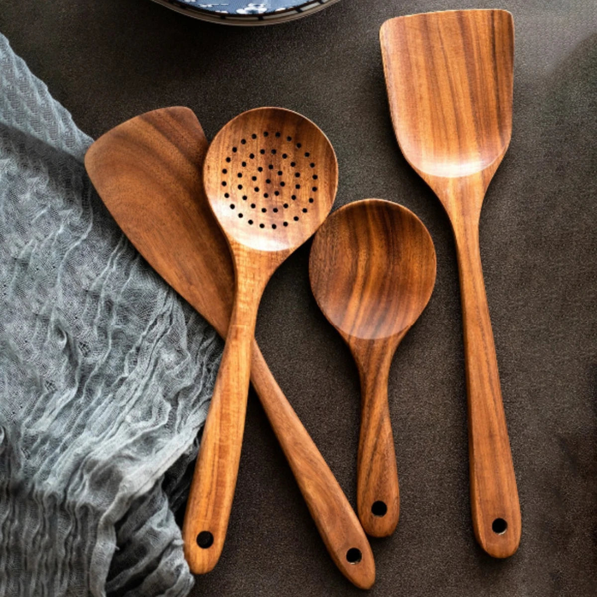 Utensilios de cocina de madera, juego de cuchara y espátula para el hogar, cuchara para ensalada, tenedor, cuchara agitadora, juego de cocina para hornear con cubo de almacenamiento