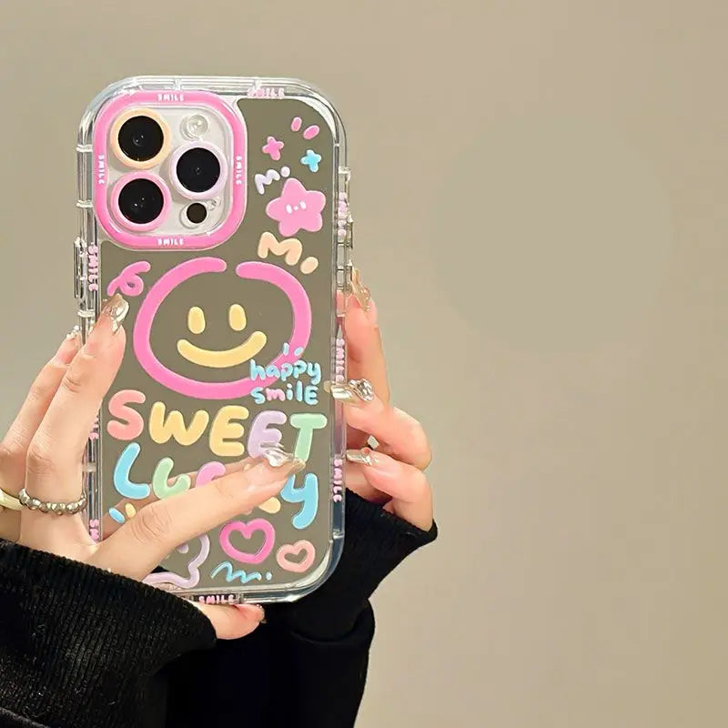 Dulce sonrisa de la suerte patrón espejo de maquillaje funda trasera dura para iPhone 13 15 16 Pro Max 14 11 12 Linda chica cubierta a prueba de golpes