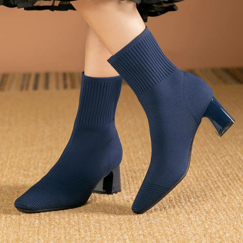 Botas de mujer 2025 nueva moda zapatos cómodos informales de punto suave puntiagudo (alto del tacón 4,5 cm),
