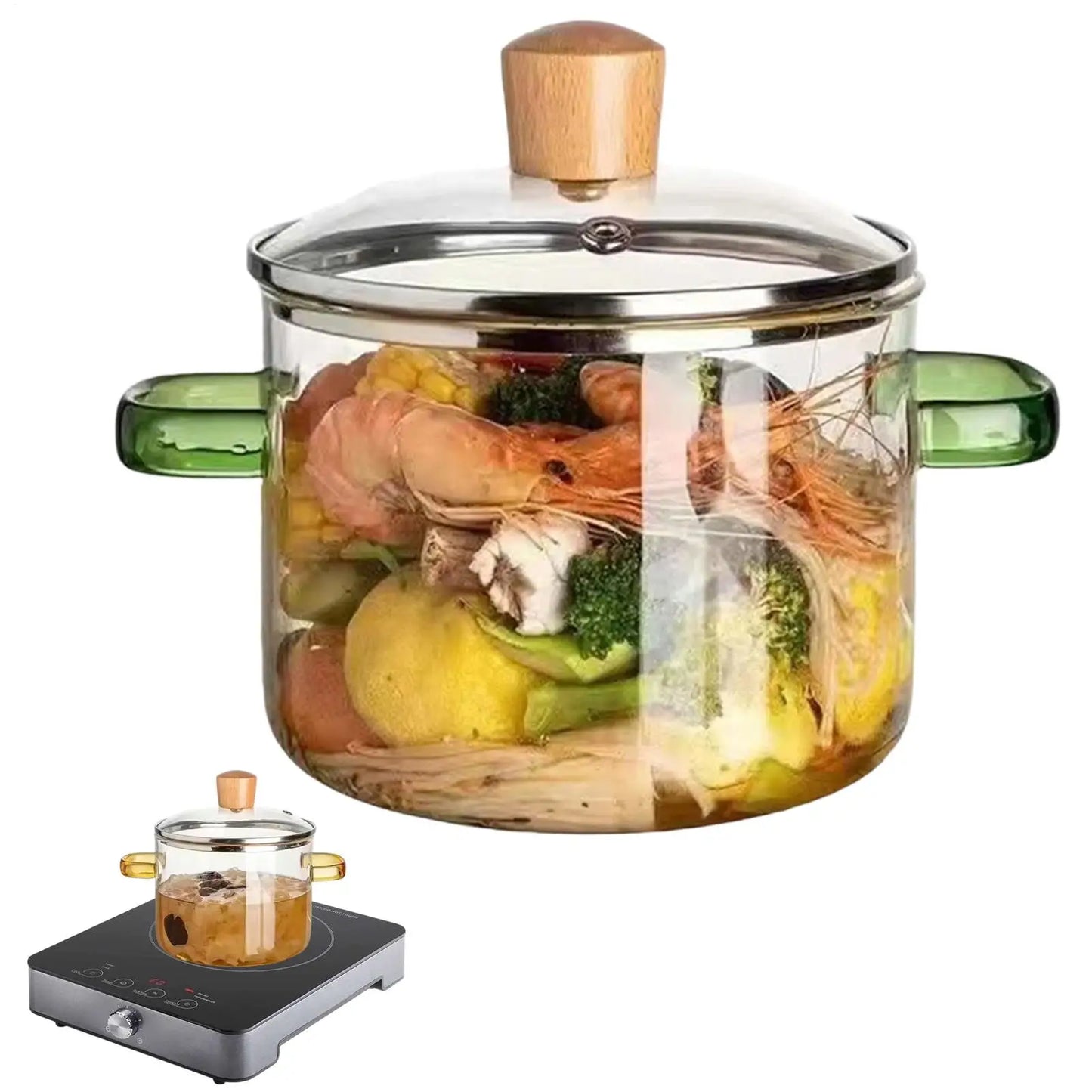 Olla de Vidrio de 1600 ml, Transparente, Resistente al Calor, Calentamiento Rápido, Olla de Vidrio para Cocinar, Olla para Estufa de Gas, Olla de Vidrio de Borosilicato Alto