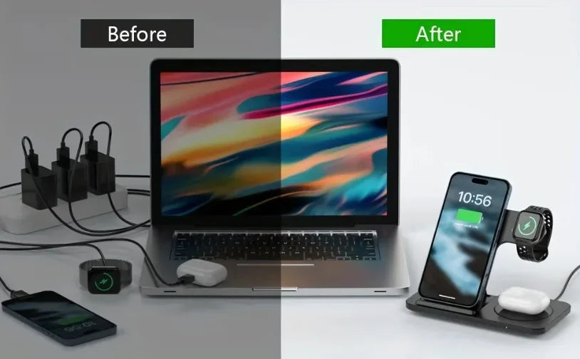 VIKEFON Estación de Carga Inalámbrica Plegable 3 en 1 para iPhone 17-12 Pro Max, iWatch Ultra y Airpods Pro, Base de Carga Rápida