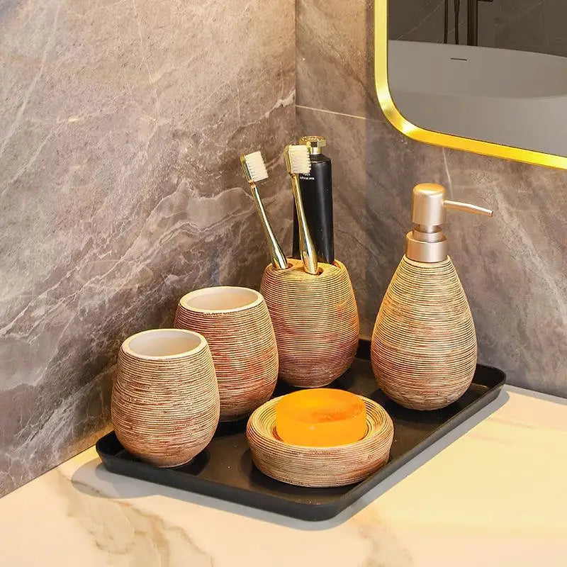 Juego de cerámica para baño, botella dispensadora de champú, jabonera, soportes para cepillos de dientes, taza de enjuague, accesorios de baño