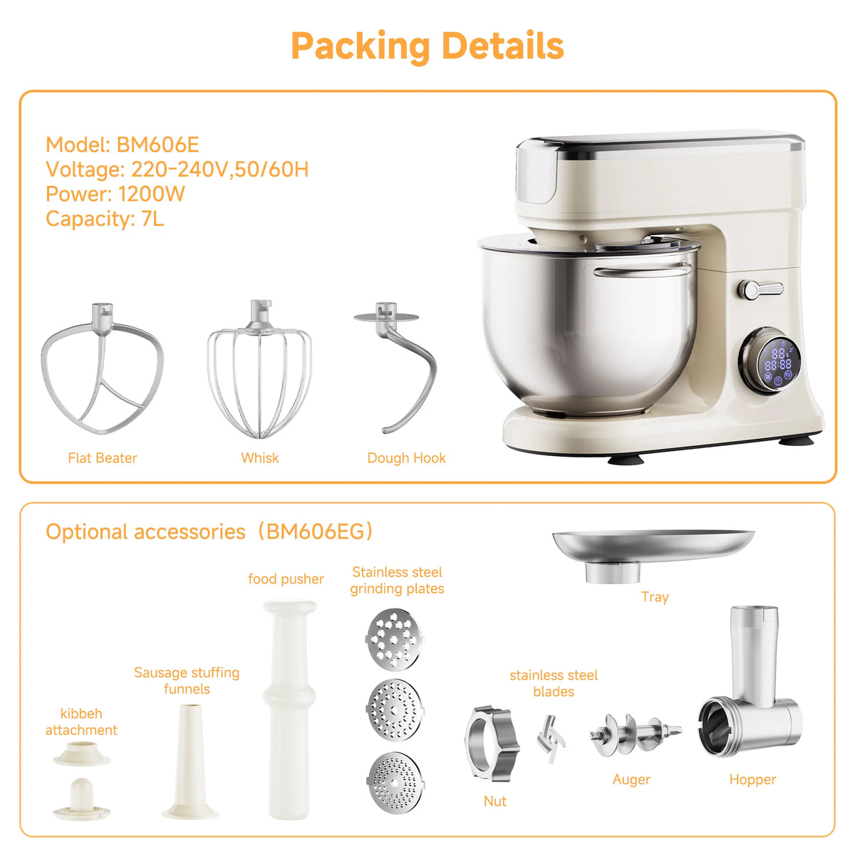 Batidora de Pedestal BioloMix de 7L para Repostería, Motor de CC de 1200W con Gancho Amasador, Batidor, Accesorio para Picar Carne - Batidora de Alimentos