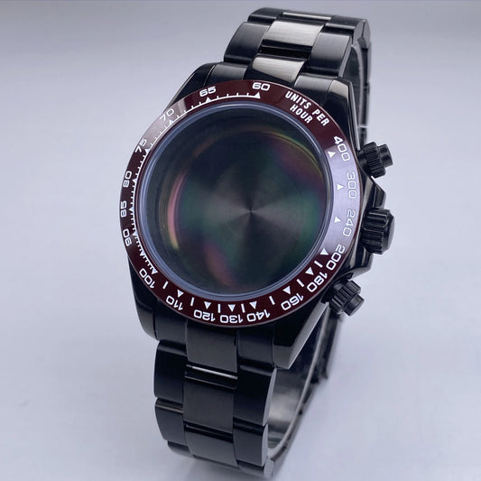 Caja VK63 Negra de 39 mm, Acero Inoxidable, Cristal de Zafiro Plano, Resistente al Agua, Compatible con Esferas de 29 mm-30 mm, Piezas de Caja para Reloj con Movimiento VK63