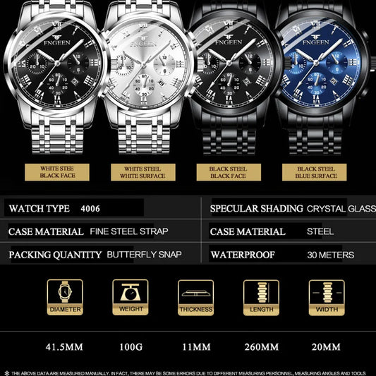 FNGEEN Herrenuhren Top-Marke Luxusuhr Wasserdichtes Datum Stahlarmband Herren Mode Quarz Armbanduhr Sport Herrenuhr 4006