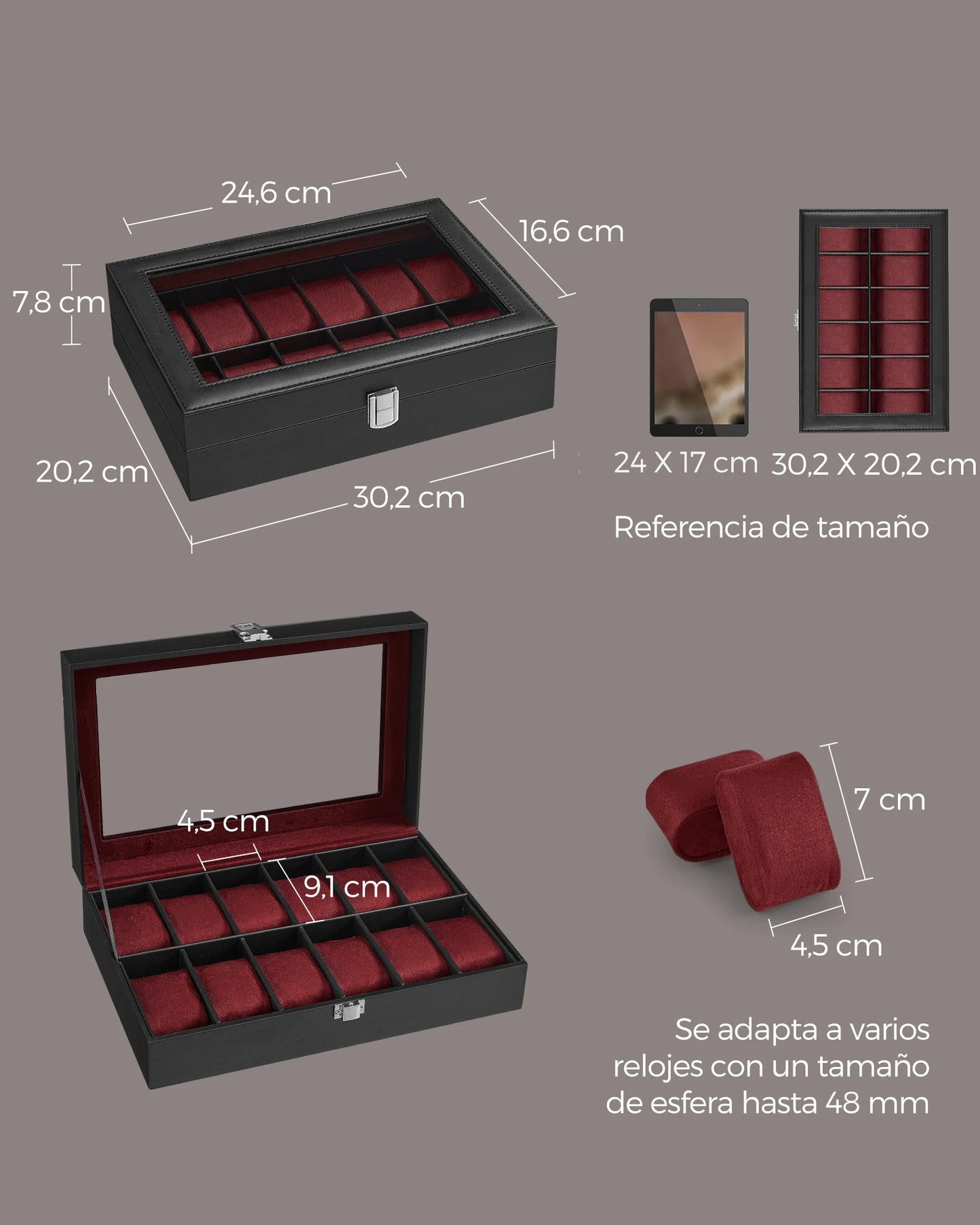 SONGMICS Caja de reloj con 12 ranuras, forro gris verdastro/forro rojo vino/forro beige capuchino/forro beige verdoso