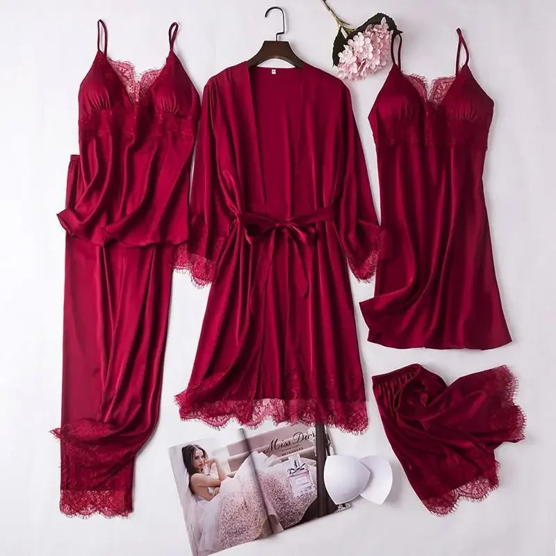 Conjunto de pijama de seda blanca para mujer, bata de boda de 5 piezas, camisón Sexy de encaje, ropa de dormir, Kimono, albornoz, lencería