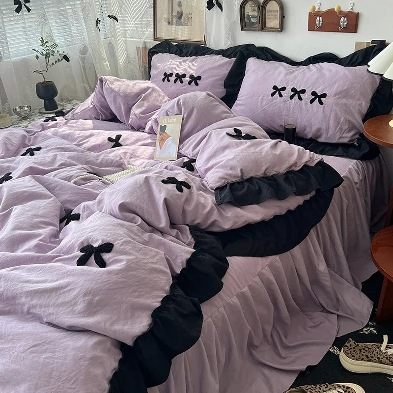 Juego de cama de algodón con lazo negro, funda nórdica suave y agradable para la piel estilo princesa para niña, sábana o funda de almohada para falda de cama