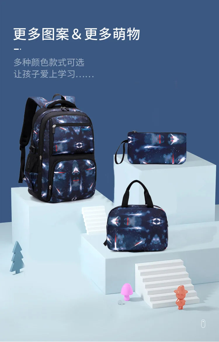 Nuevo conjunto de 3 uds de mochilas para niños, bolso escolar con patrón de cielo estrellado para estudiantes, bolso escolar impermeable con bolsa de almuerzo, estuche para lápices