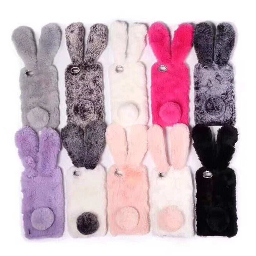 Funda de teléfono de piel de conejo de peluche 3D para iPhone 17 16 15 14 13 12 11 Pro Max funda de silicona suave