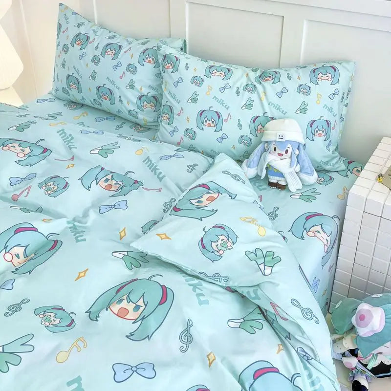 Nuevo Juego de cama Miku de 4 piezas totalmente de algodón para niñas, sábanas bonitas de dibujos animados de Anime, juego de cama para dormitorio de estudiantes, fundas de almohada, funda nórdica