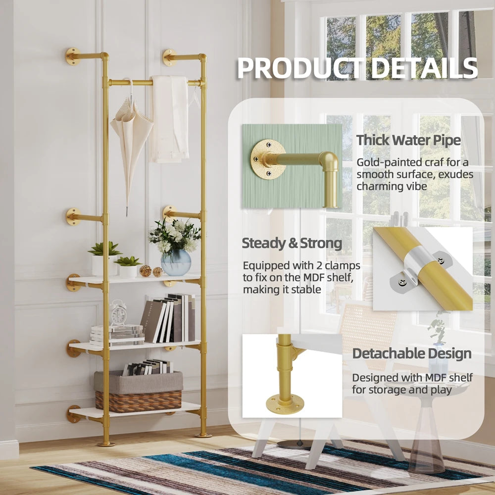 Perchero de pared para ropa, tubo industrial, dorado, con estantes de 3 niveles