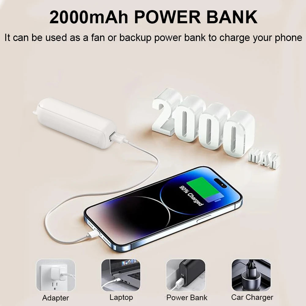 Ventilador portátil 2000mAh USB recargable 3 velocidades Mini ventilador plegable de mano pequeño ventilador de viaje de bolsillo con práctico banco de energía