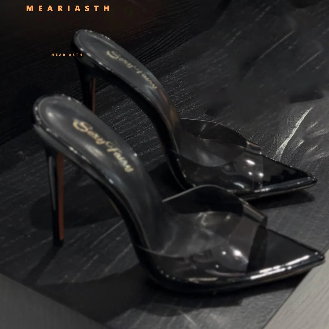 2025 verano 10 cm/12 cm zapatillas de tacón alto para mujer moda puntiaguda zapatos de Muels con punta abierta señoras elegante vestido de fiesta Sandalias