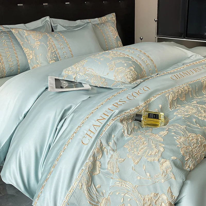 Juego de cama europeo de alta gama, juego de cuatro piezas de algodón de lujo, funda de edredón bordada de algodón, sábanas, sombreros, ropa de cama para personas mayores