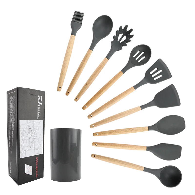 Juego de utensilios de cocina de silicona resistentes a altas temperaturas, pala con mango de madera, cuchara con fugas, herramienta, utensilio de cocina, accesorios para hornear