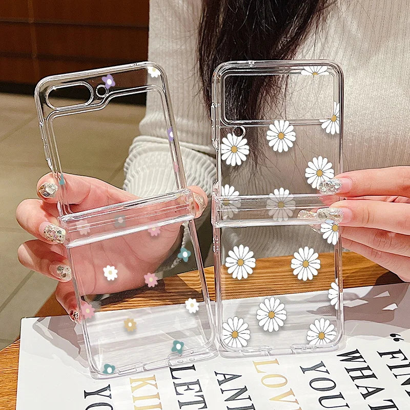 Funda de teléfono transparente con diseño de flor de amor para Samsung Galaxy Z Flip7 FE Flip 7 6 5 4 3 5G Flip5 Flip6, funda dura para PC a prueba de golpes