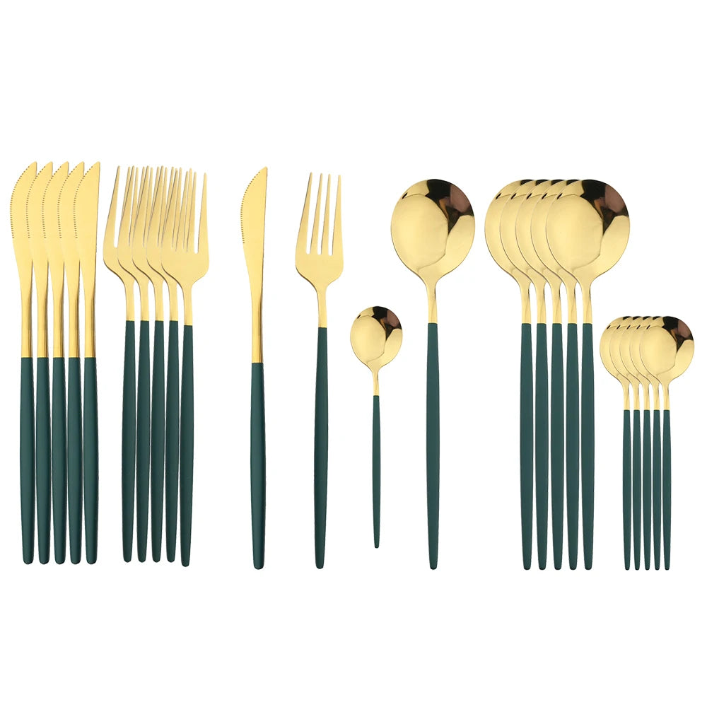 Juego de cubiertos dorados con mango negro, 24 Uds., cuchillo de acero inoxidable, tenedor, cuchara, vajilla, juego de cubiertos, vajilla de cocina para Festival, regalo