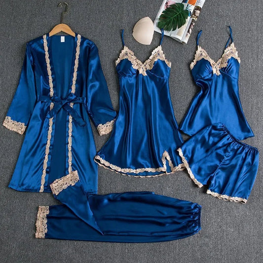 2025 Conjunto de pijamas de nuevo estilo con almohadillas para sujetador, pijamas de cinco piezas florales dorados con tiras sexis de seda, ropa de casa fina