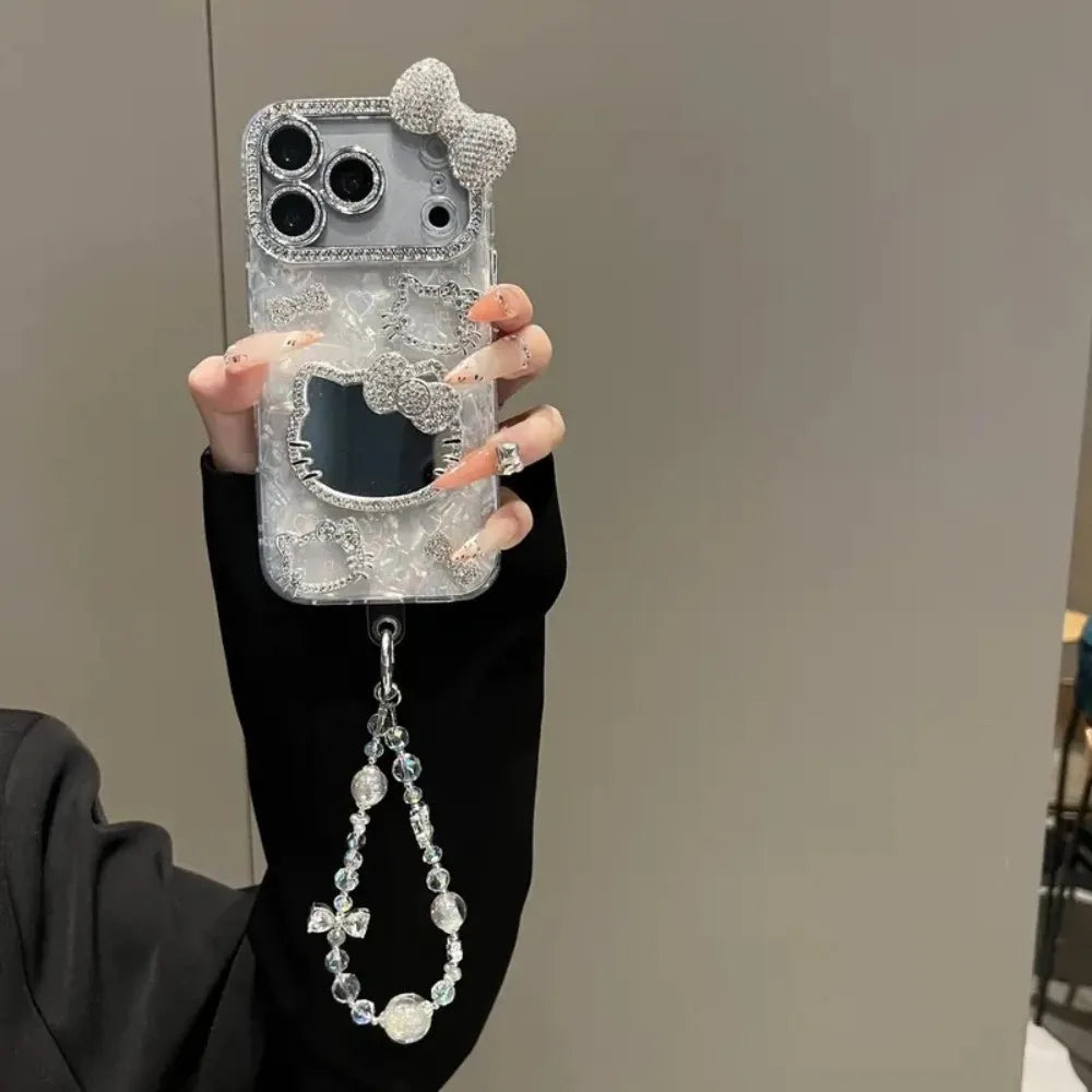 Funda de Teléfono 3D con Diseño de Hello Kitty de Sanrio, con Brillantina, para iPhone 17 16 15 14 13 12 Pro Max, Resistente a Impactos, con Espejo de Maquillaje