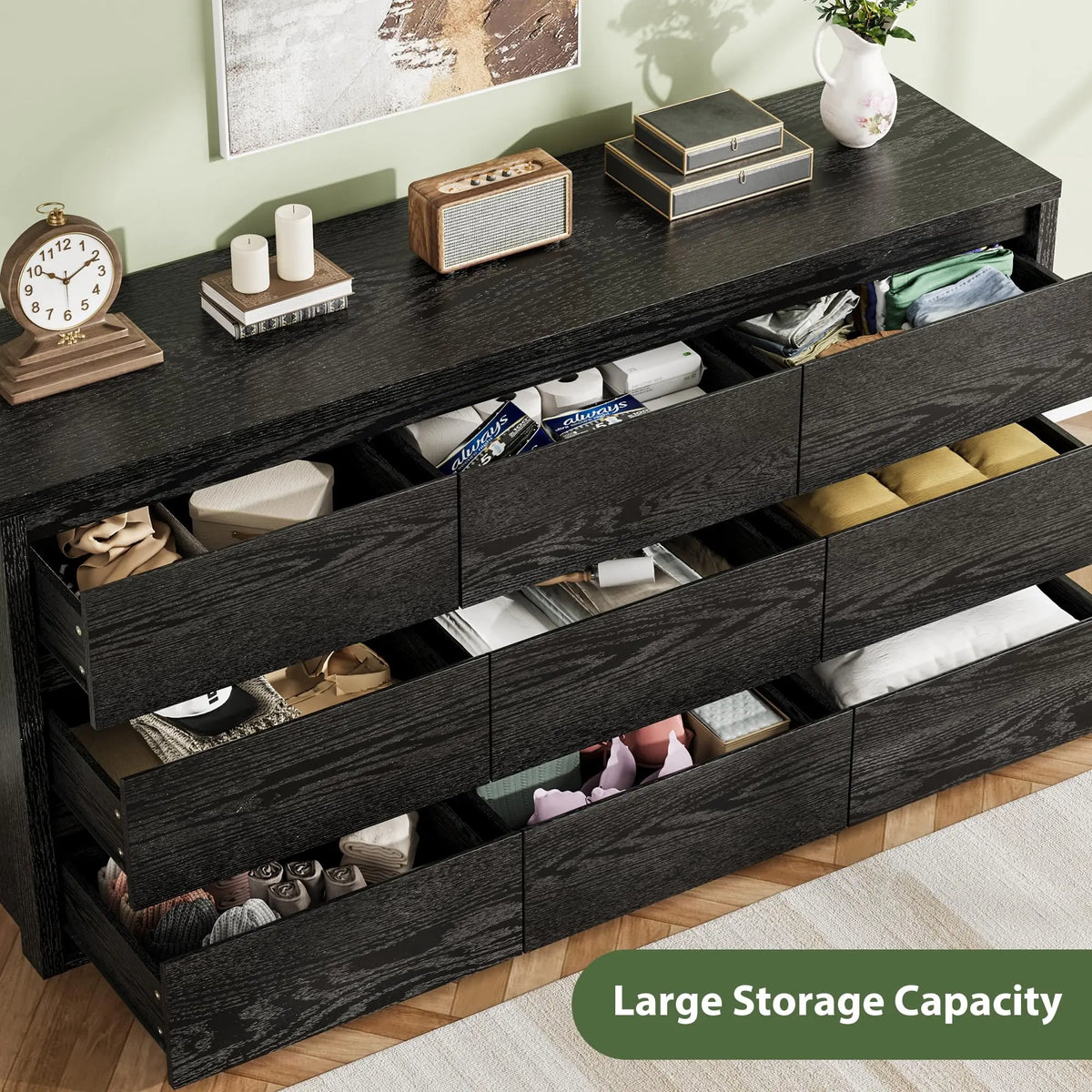 Cómoda moderna de 9 cajones de la marca GarveeLife, ideal para el dormitorio: amplia cómoda de madera, gran espacio de almacenamiento, mueble versátil para la sala de estar, el pasillo o la entrada.
