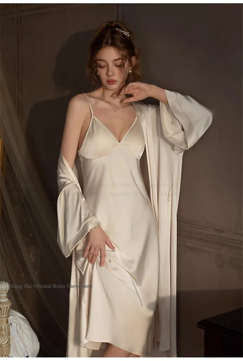 Elegante Conjunto de Bata Larga para Mujer, Lencería Sexy, Ropa de Dormir, Kimono Holgado, Bata de Baño, Vestido de Casa de Satén Sedoso, Ropa de Estar