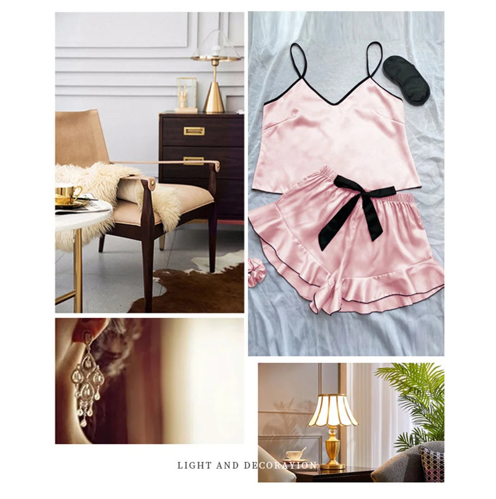 Pijamas de satén liso para mujer, camiseta con cuello en V, bordes con volantes y pantalones cortos con lazo, conjunto de pijama sencillo y transpirable, ropa para el hogar con tirantes
