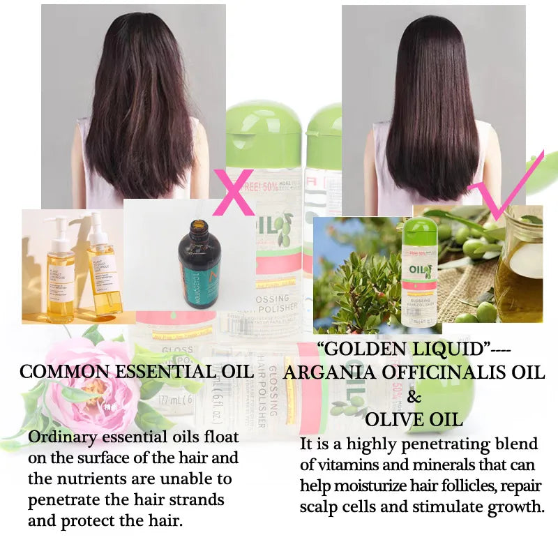 Aceite de oliva, Control del Frizz y brillo, pulidor de brillo, 6 onzas, aceite brillante para el cabello, uso diario, buen olor, aceite suave y saludable