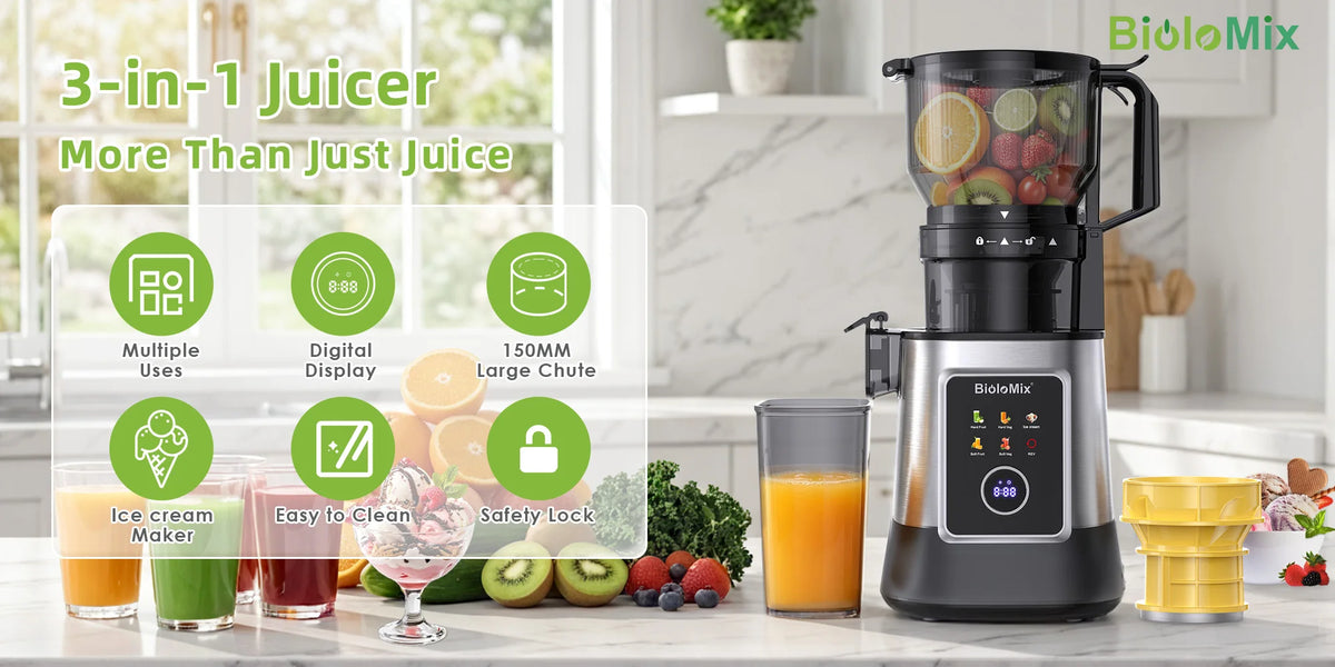 Extractor de Jugos Eléctrico Multifunción 3 en 1 BioloMix – Toma de Alimentación Ancha de 150 mm, Motor de 300 W con Pantalla Digital para Jugos Ricos en Nutrientes