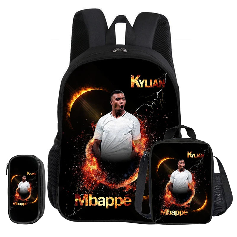 M-Mbappe-Juego de 3 piezas de mochila escolar con diseño de estrella de fútbol para niños, bolsa para lápices, mochila con bolsa para el almuerzo, mochila deportiva, regalo para niños