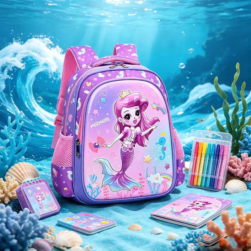 Mochila Infantil Morada para Niña, Mochilas Escolares Primarias, Mochilas de Jardín de Infancia, Mochila Escolar 3D con Diseño de Sirena, Linda Mochila de Hombro para Niños