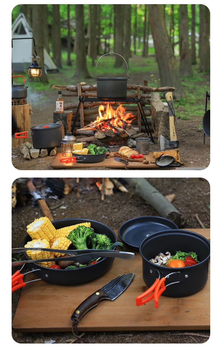 Juego de Cocina para Acampar, Juego de Utensilios de Cocina para Exteriores, Utensilios de Cocina Portátiles de Aluminio, Ollas, Tazones, Hervidores, Equipo para Picnic y Senderismo