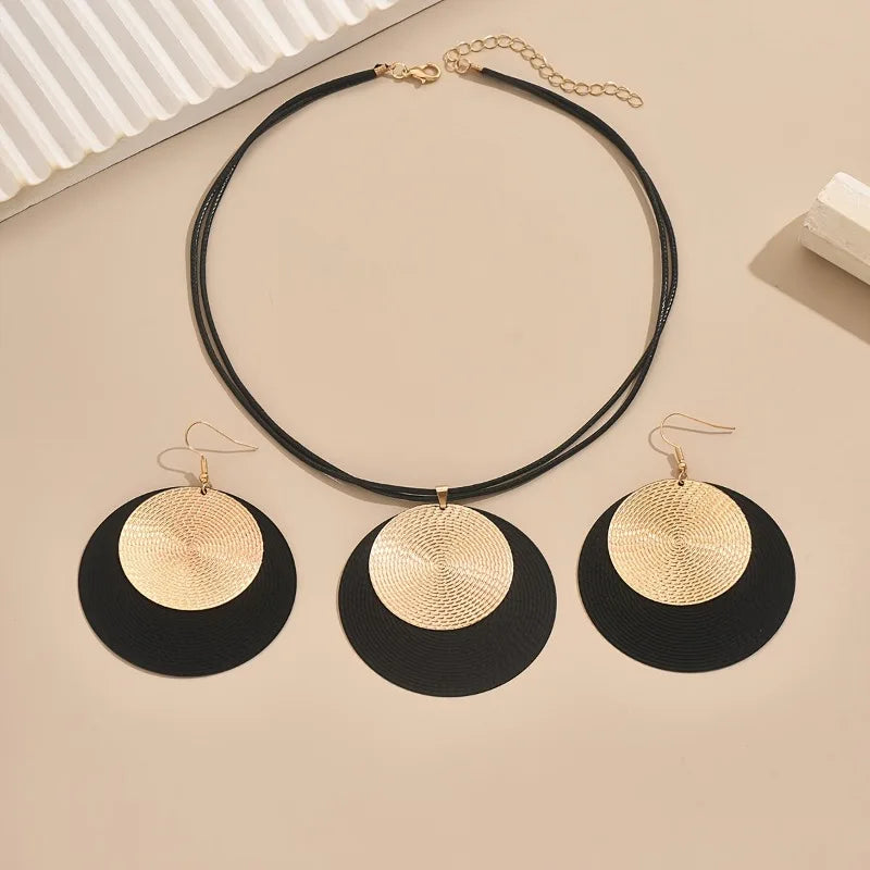 3 unid/set de pendientes redondos grandes, conjunto de Collar para mujer, cadenas de cuerda de PU exageradas, Collar con colgante geométrico de Metal, joyería