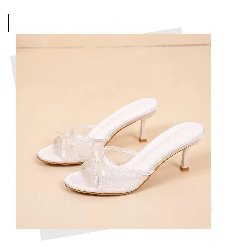Sandalias de verano para mujer, tacones altos elegantes a la moda, zapatillas con punta abierta y nudo de mariposa de alta calidad, zapatos de tacón de diseñador de marca para mujer