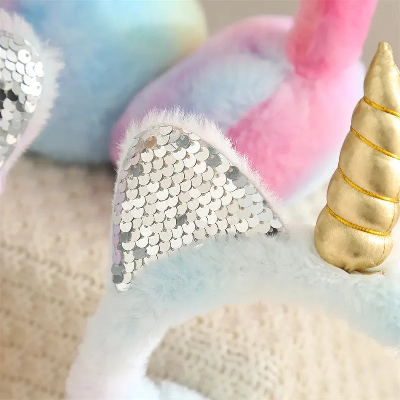 Orejeras de unicornio cálidas de felpa suave para otoño e invierno, orejeras de gato con lentejuelas teñidas anudadas, protege las orejas del frío, regalos de navidad