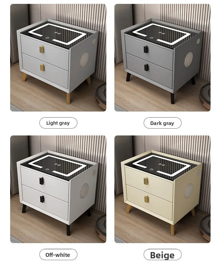 Mesita de noche de madera inteligente con altavoz cargador inalámbrico, mesita de noche minimalista moderna de dos cajones, muebles multifuncionales para el hogar