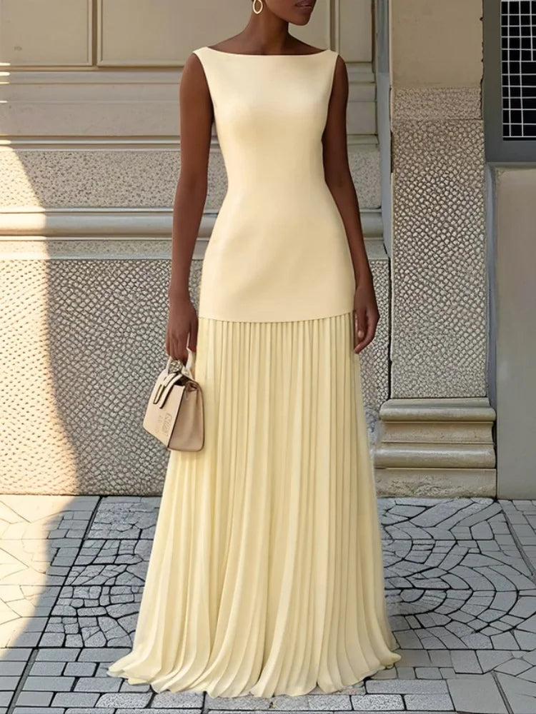 Conjunto de faldas plisadas de empalme liso elegante para mujer, vestido Sexy sin mangas con cuello oblicuo, vestido bohemio, faldas largas ajustadas huecas de verano