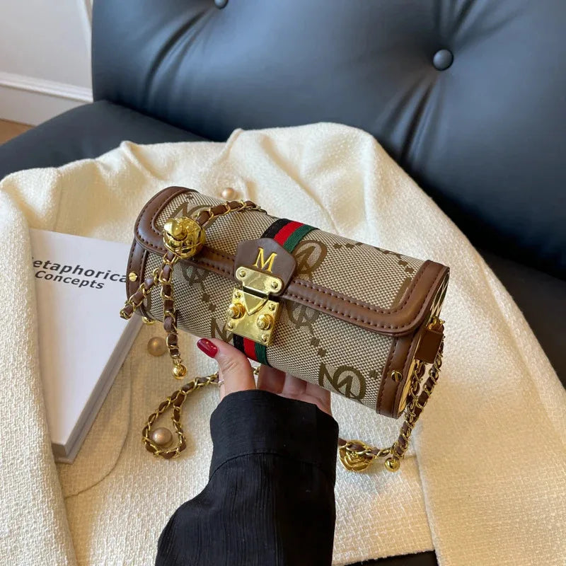 Bolso cilíndrico retro con correa de cadena, bolso de mujer, bolso versátil de hombro y bandolera, bolso mensajero