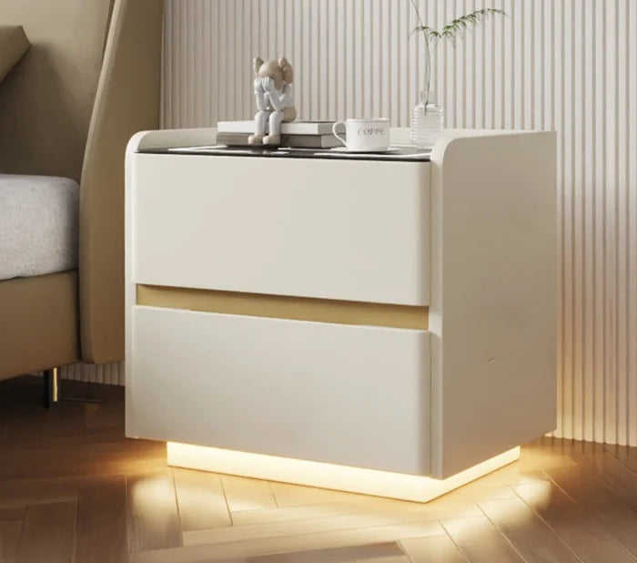 Mesita de noche inteligente de madera maciza con carga inalámbrica, mesita de noche de estilo moderno con 2 cajones y cerradura, armario lateral para el hogar