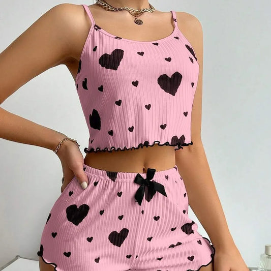 Conjunto de Pijama de Verano para Mujer, Transpirable, Suave, Informal, con Estampado de Amor, Pantalones Cortos con Tirantes, Lencería Sexy