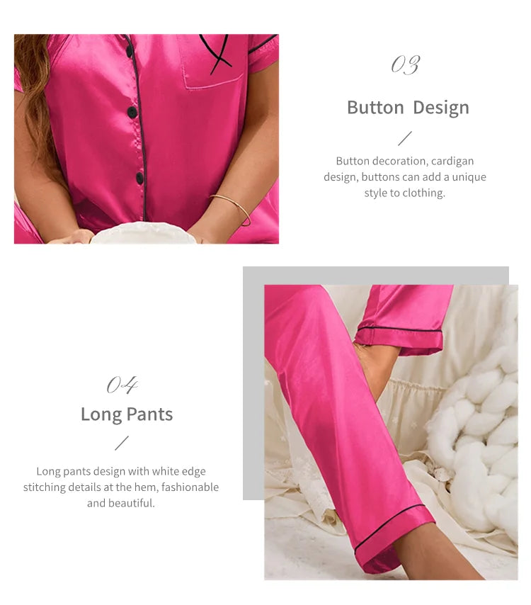 Conjunto de pijama para mujer, ropa para el hogar, camisa de manga corta de satén con pantalones, ropa de dormir, conjunto de 2 piezas, pijama bordado en forma de corazón