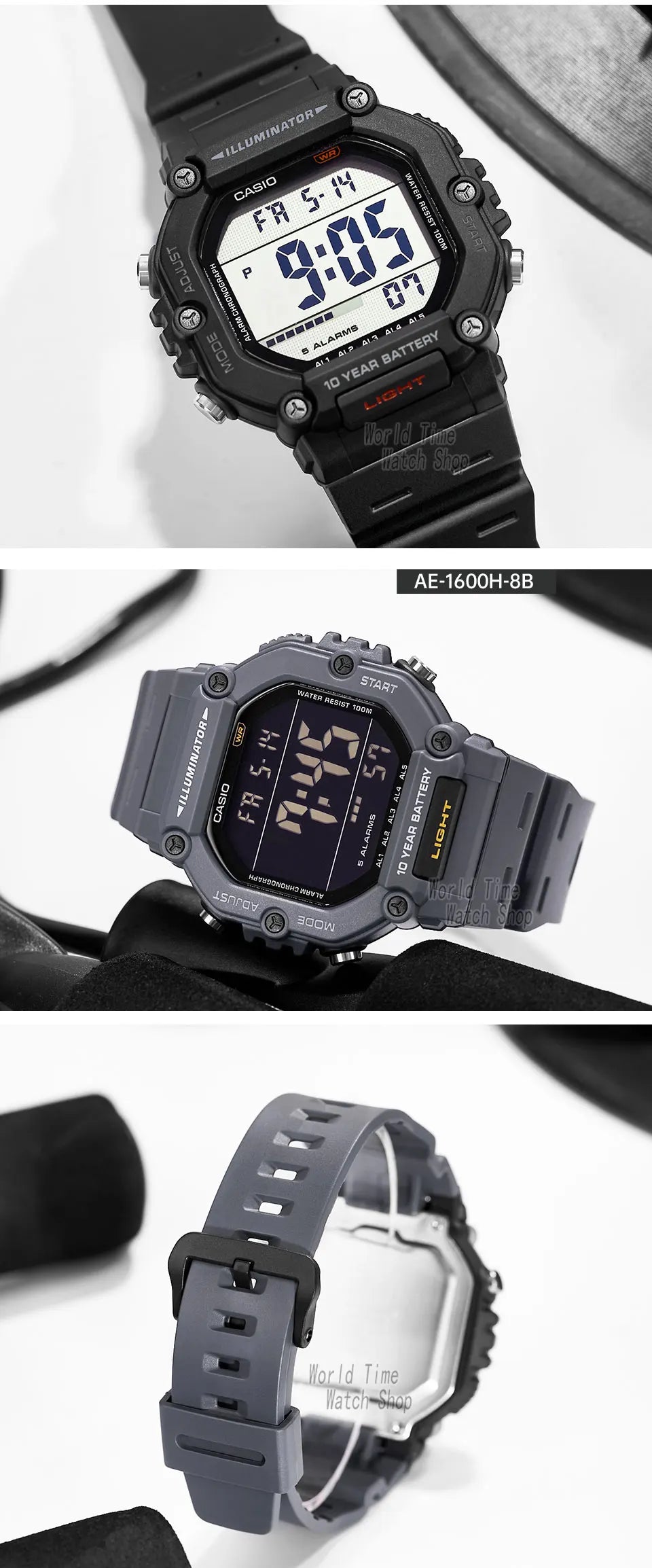 Reloj Casio con batería de 10 años de duración, 100m, resistente al agua, moda deportiva, reloj electrónico multifunción para exteriores, reloj masculino AE-1600