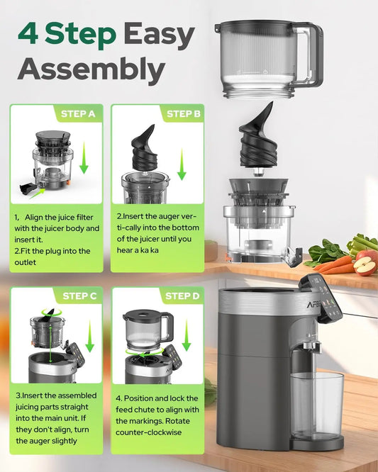 Exprimidor de prensado en frío mejorado 2026 – Boca extra ancha de 6.5 pulgadas, Tolva de alimentación automática de 100 oz, Exprimidor lento inteligente 3 en 1 con pantalla táctil para sorbetes y leche de frutos secos,