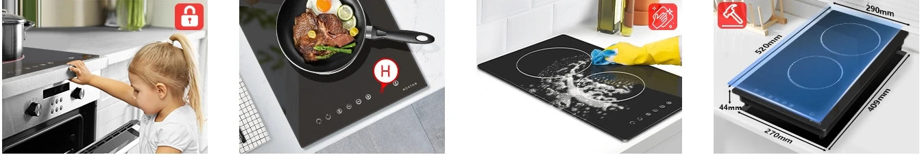 NOXTON Placa vitroceramica 2 Fuegos, 3000W, vitrocerámica 60 cm, Ajuste de 9 velocidades, Bloqueo de seguridad, Indicador de calentamiento, Mandos táctiles