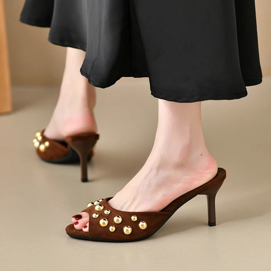 Novedad tacones finos Peep Toes Sandalias De Mujer cristal dedos cuadrados Slip On Mujer zapatillas sólido charol Zapatos Mujer 42