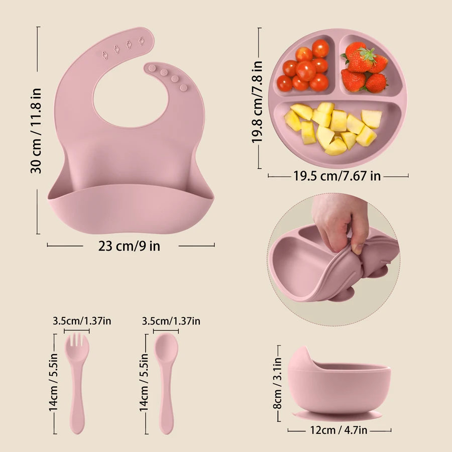 Juego de alimentación de silicona para bebé, plato de comedor redondo, cuenco con ventosa, platos para niños, babero impermeable, cuchara, vajilla para niños, 5 uds.
