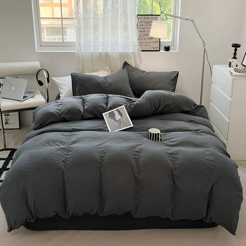 Juegos de fundas de edredón gris oscuro a la moda, fundas de edredón cepilladas, juegos de cama individual doble Queen, funda de almohada para niños, funda de edredón sólida