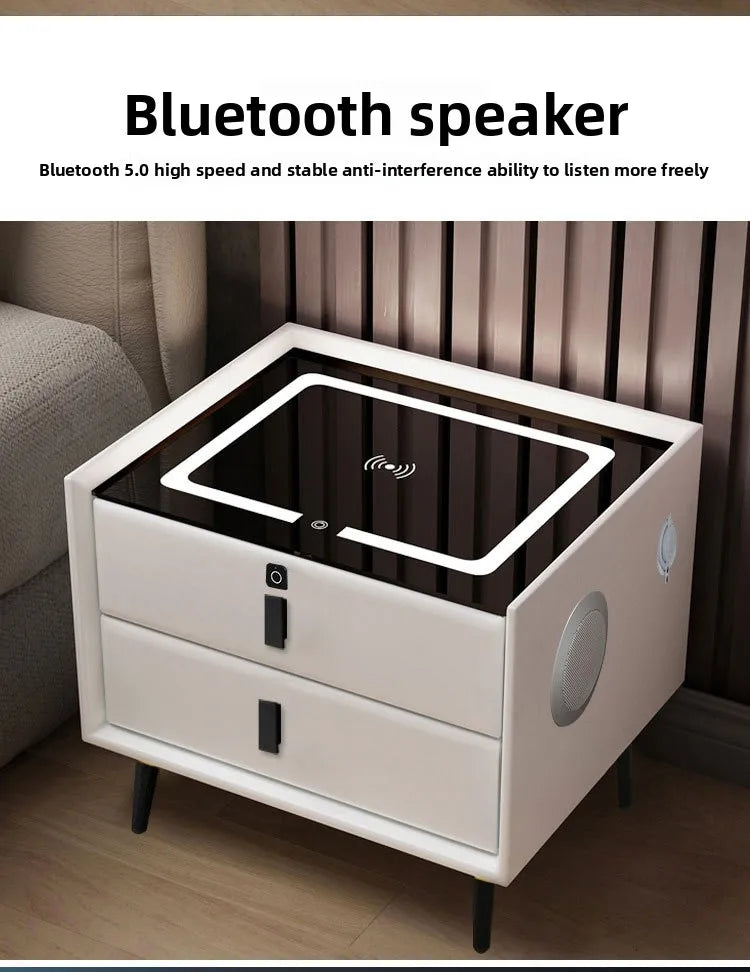 Mesita de noche de madera inteligente con altavoz cargador inalámbrico, mesita de noche minimalista moderna de dos cajones, muebles multifuncionales para el hogar