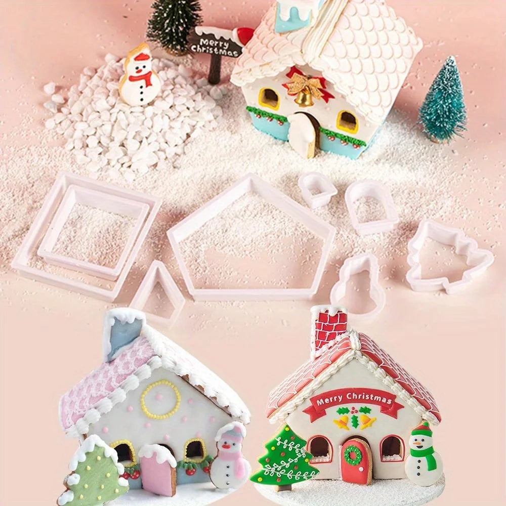 Molde de casa de jengibre de Navidad 3D, juego de cortadores de galletas de plástico, molde para galletas DIY, pastel de pastelería, sello, herramientas para hornear, accesorios