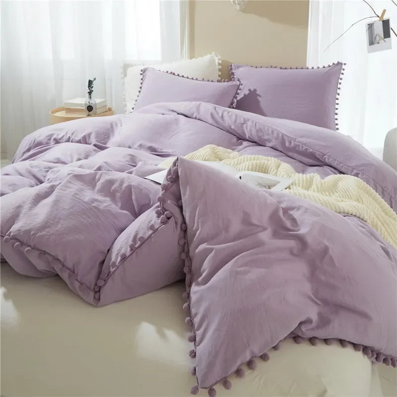 Funda de edredón suave y lavada, Juego de 3 piezas, funda de almohada, juego de ropa de cama para Twin, Full, Queen, King Size, decoración de pompones